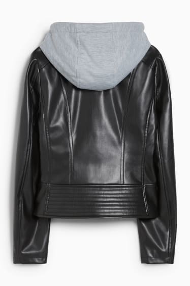 Femei - Jachetă de motociclist cu glugă - imitație de piele - negru