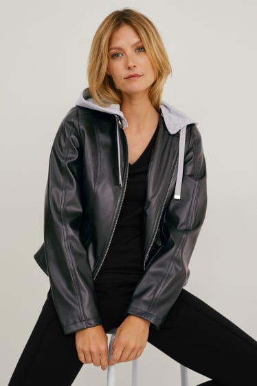 Damen - Bikerjacke mit Kapuze - Lederimitat - schwarz