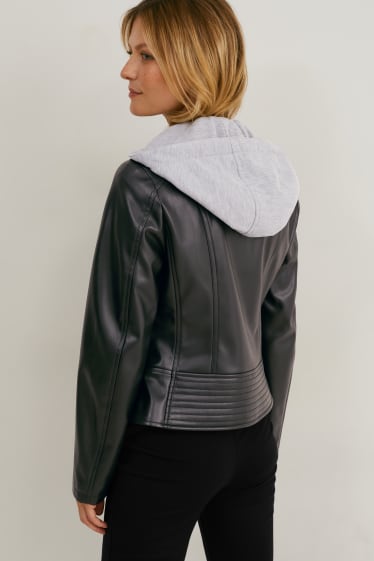 Mujer - Cazadora biker con capucha - polipiel - negro