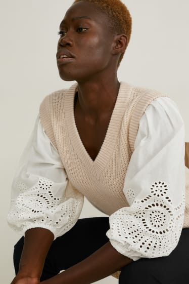 Donna - Gilet in maglia pullunder - 2 in 1 - bianco crema