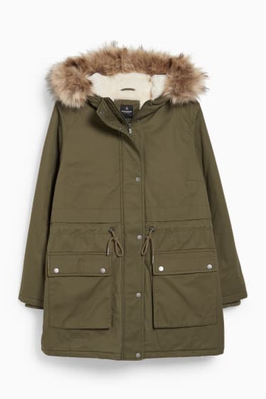 Femmes - CLOCKHOUSE - parka à capuche et garniture en simili-fourrure - vert foncé