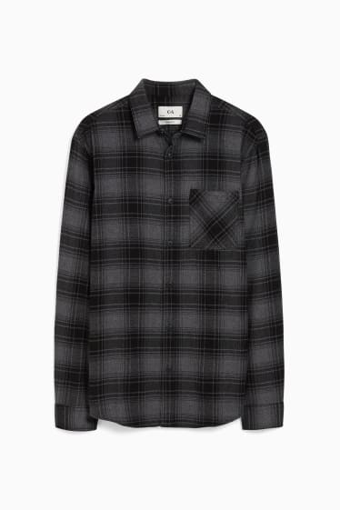 Uomo - Camicia di flanella - regular fit - collo all'italiana - quadretti - grigio scuro