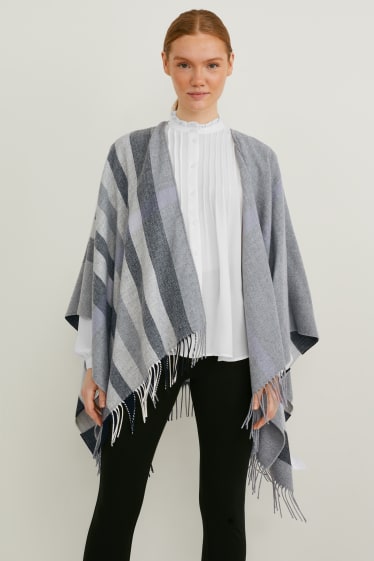 Damen - Poncho - kariert - grau / schwarz