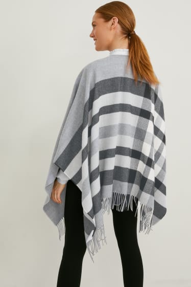 Dames - Poncho - geruit - grijs / zwart