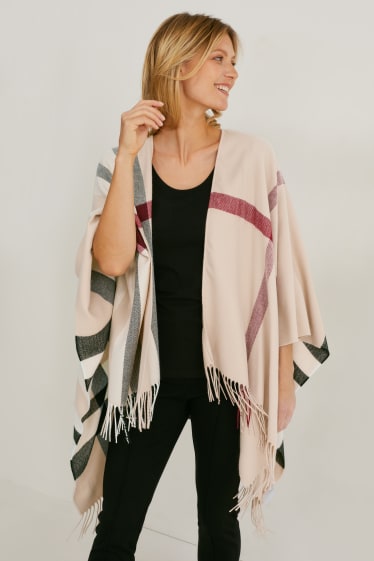 Damen - Poncho - kariert - beige