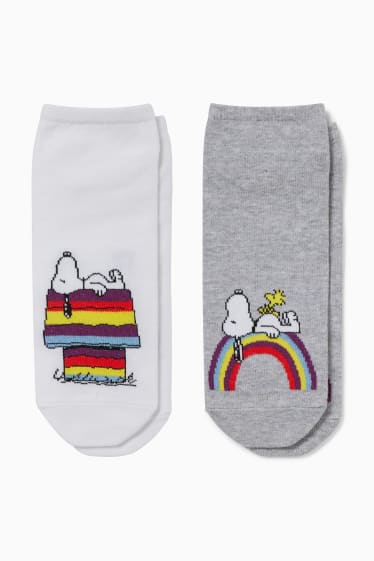 Dames - Set van 2 paar - korte sokken met motief - Peanuts - wit / grijs
