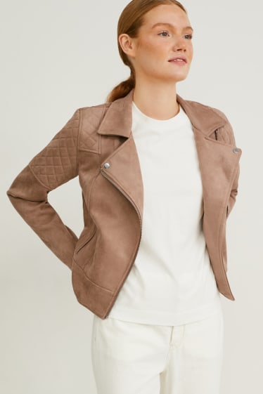 Damen - Bikerjacke - Velourslederimitat - taupe