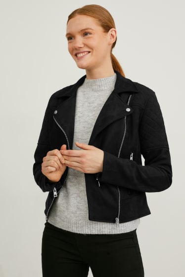 Damen - Bikerjacke - Velourslederimitat - schwarz