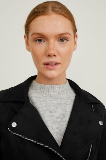 Damen - Bikerjacke - Velourslederimitat - schwarz