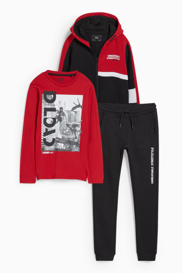 Niños - Set - sudadera con cremallera, camiseta de manga larga y pantalón de deporte - 3 piezas - negro