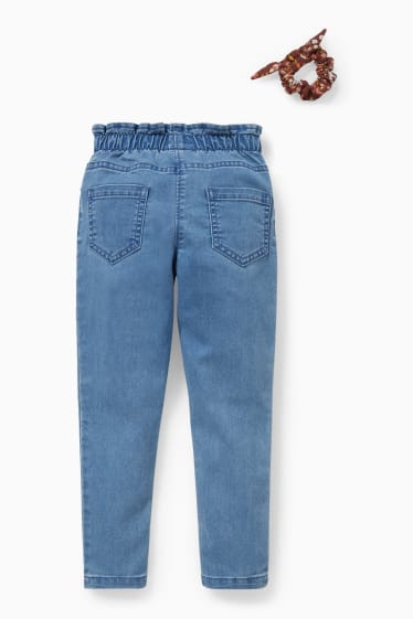 Kinderen - Set - paperbag jeans en scrunchie - 2-delig - jeansblauw