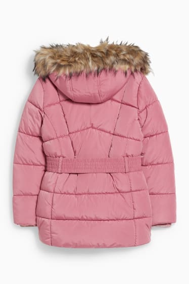 Bambine - Giacca trapuntata con cappuccio, riporto di ecopelliccia e cintura - rosa scuro