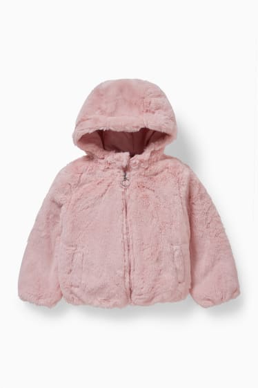 Kinder - Kunstfell-Jacke mit Kapuze - rosa