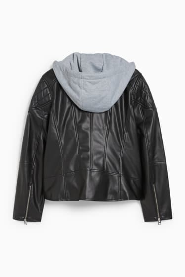 Dámské - Motorkářská bunda s kapucí - imitace kůže - černá