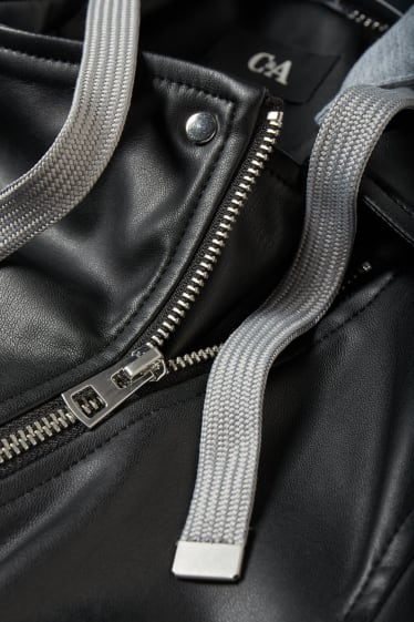 Dámské - Motorkářská bunda s kapucí - imitace kůže - černá
