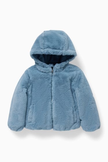 Copii - Jachetă din blană artificială, cu glugă - albastru deschis