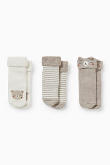 Babies - Multipack of 3 - teddy bear - newborn socks with motif - winter - white / beige