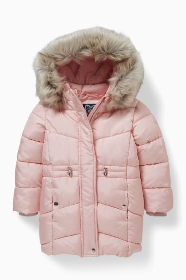 Kinder - Steppjacke mit Kapuze und Kunstfellbesatz - rosa