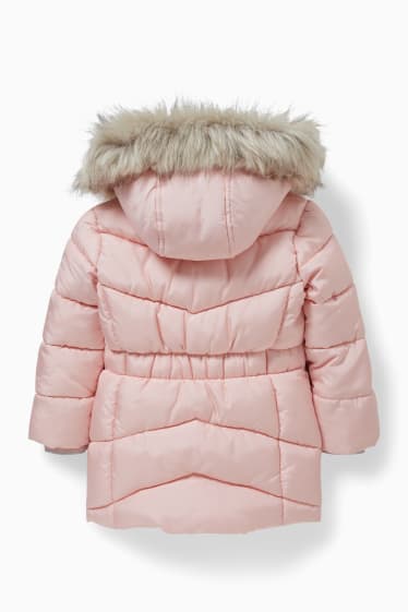 Kinder - Steppjacke mit Kapuze und Kunstfellbesatz - rosa