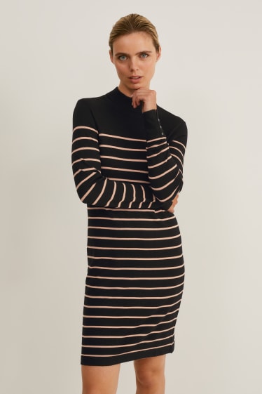 Women - Knitted dress - striped - black