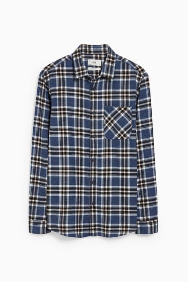 Men - Flannel shirt - regular fit - Kent collar - check - dark blue / white