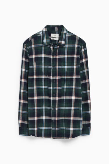 Men - Flannel shirt - regular fit - Kent collar - check - dark green / cremewhite