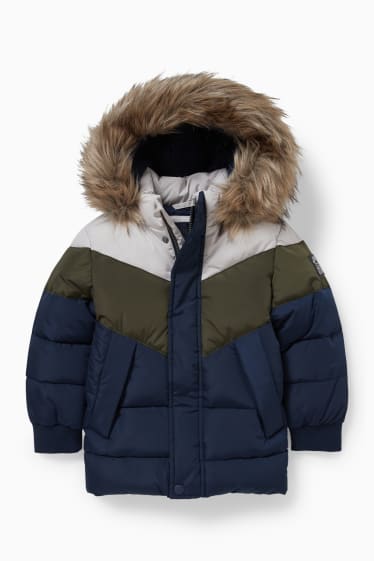 Children - Quilted jacket with hood and faux fur trim - dark blue