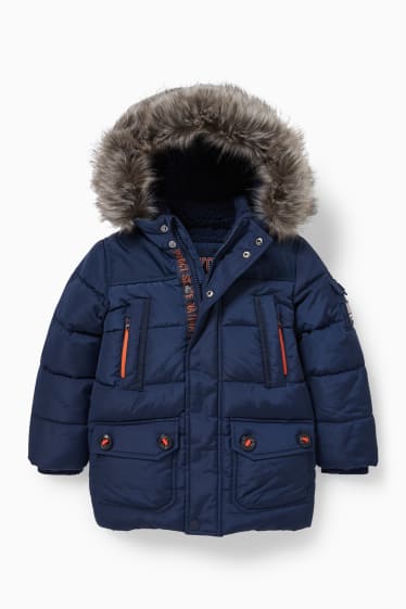 Kinderen - Gewatteerde jas met capuchon en rand van imitatiebont - donkerblauw