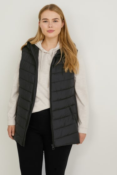 Women - Quilted gilet with hood - black