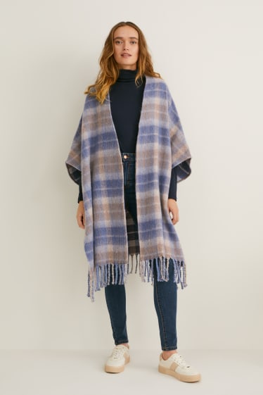 Dames - Poncho - geruit - blauw