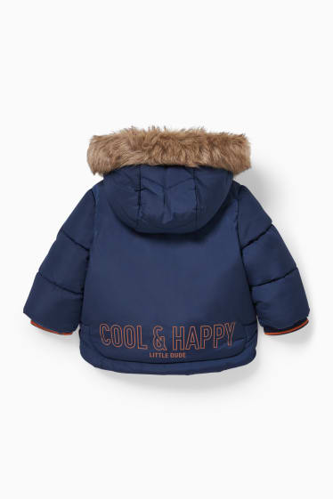 Bebeluși - Jachetă matlasată bebeluși cu glugă și aplicații din blană artificială  - albastru închis