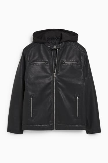 Hombre - Cazadora biker con capucha - polipiel - negro