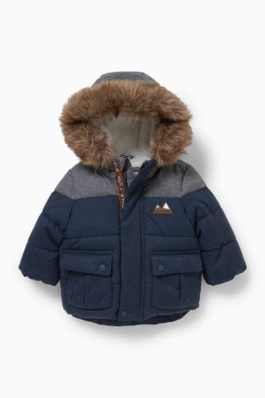 Miminka - Prošívaná bunda s kapucí a límcem z umělé kožešiny pro miminka - tmavomodrá