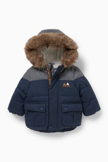 Babies - Baby quilted jacket with hood and faux fur trim - dark blue