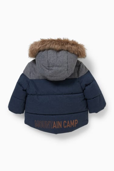 Miminka - Prošívaná bunda s kapucí a límcem z umělé kožešiny pro miminka - tmavomodrá