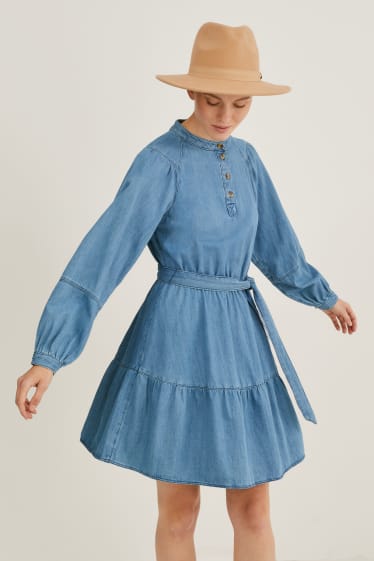 Women - Denim dress with belt - blue denim