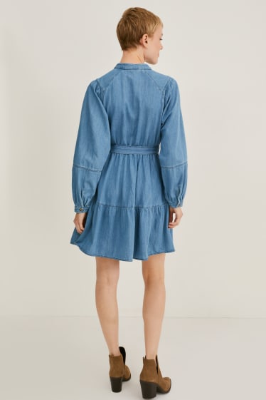 Women - Denim dress with belt - blue denim