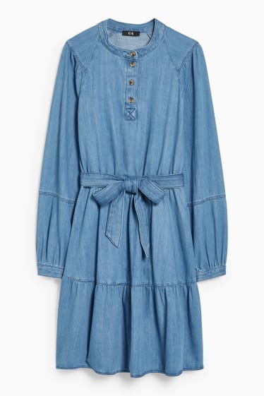 Women - Denim dress with belt - blue denim