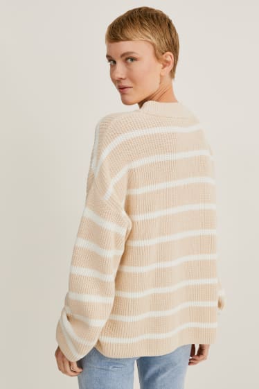 Damen - Pullover - gestreift - weiss / beige