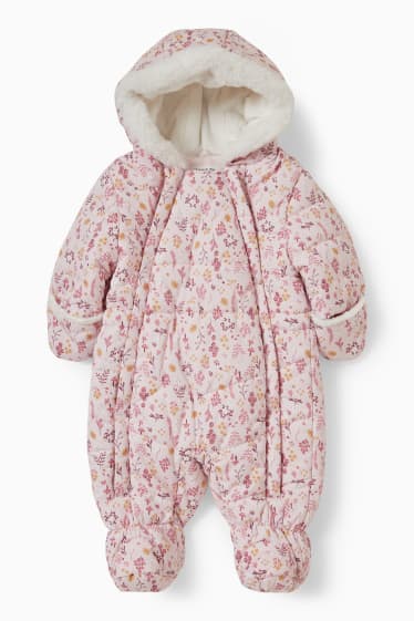 Miminka - Zimní kombinéza s kapucí pro miminka - s květinovým vzorem - růžová