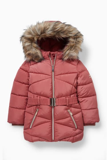 Kinder - Steppjacke mit Kapuze, Kunstfellbesatz und Gürtel - pink