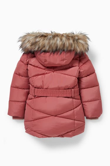 Kinder - Steppjacke mit Kapuze, Kunstfellbesatz und Gürtel - pink