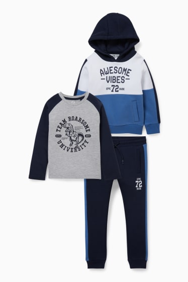 Niños: niños - Set - sudadera con capucha, camiseta de manga larga y pantalón de deporte - 3 piezas - azul oscuro