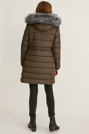 Women - Quilted coat with hood and faux fur trim - khaki