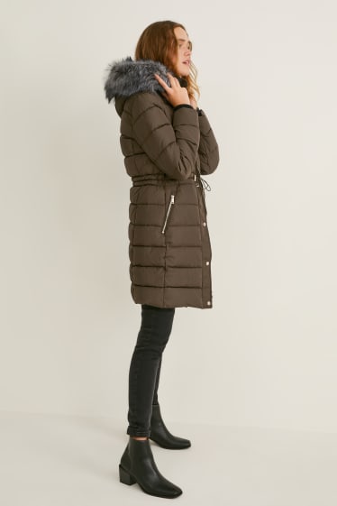 Women - Quilted coat with hood and faux fur trim - khaki