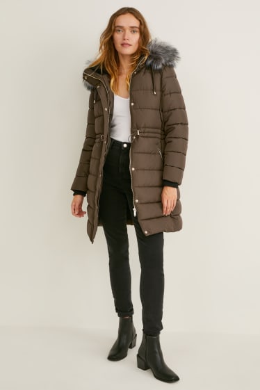 Women - Quilted coat with hood and faux fur trim - khaki
