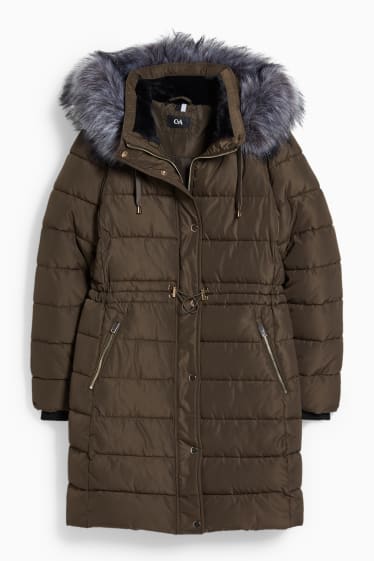 Women - Quilted coat with hood and faux fur trim - khaki