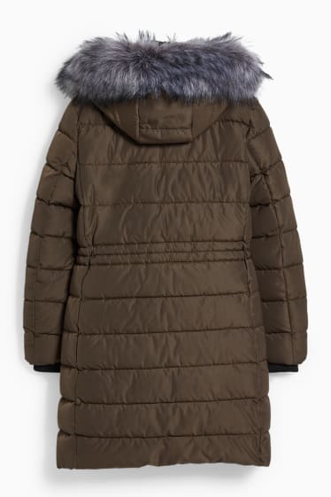 Women - Quilted coat with hood and faux fur trim - khaki