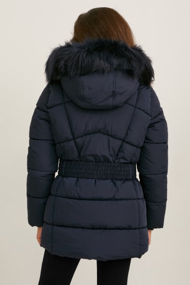 Kinderen - Gewatteerde jas met capuchon, rand van imitatiebont en riem  - donkerblauw