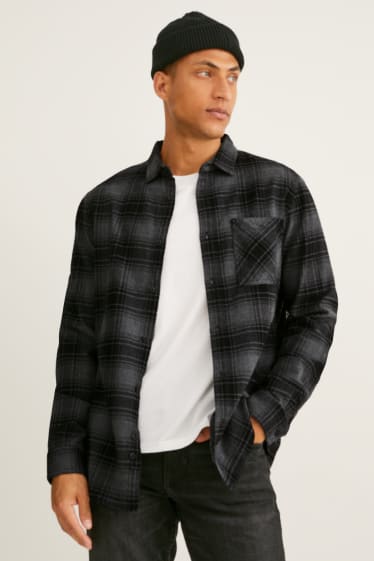 Uomo - Camicia di flanella - regular fit - collo all'italiana - quadretti - grigio scuro